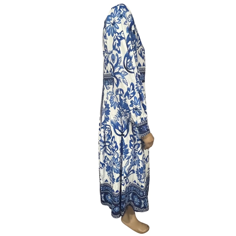 Caroline Constas Blue White Floral Geometric Print Midi Kimono Dress | Sze M NEW - Picture 2 of 6